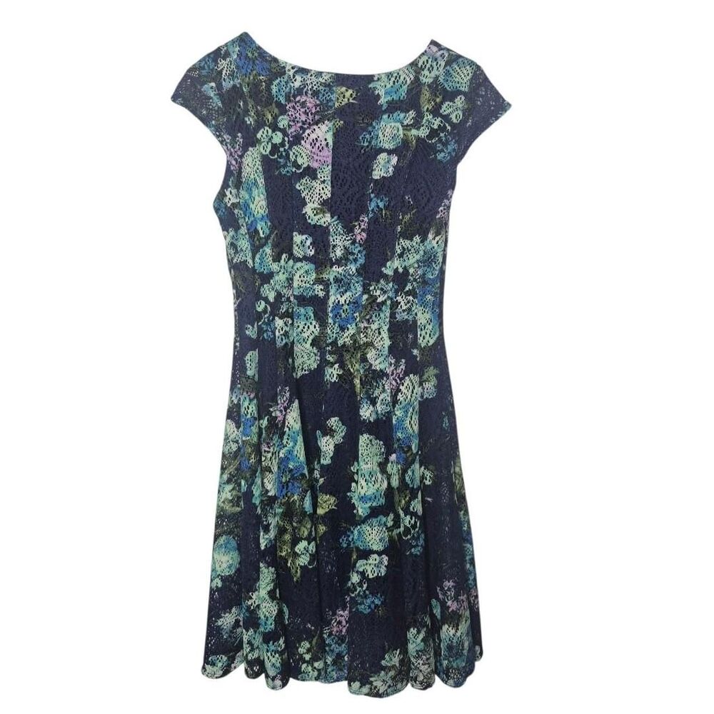 Madison Leigh Navy Floral Lace Fit and Flare Dress Cap Sleeves Size 8 - Picture 2 of 5